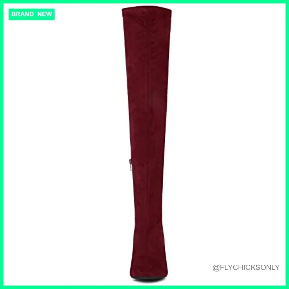 Faux Suede Over the Knee Boots with Chunky Block Heel and Side Zipper